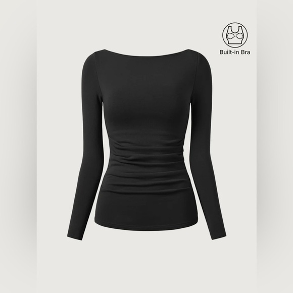 OGL Mid Thermal Modern Side Ruched Boatneck Brami Top - black - Picture 1 of 2